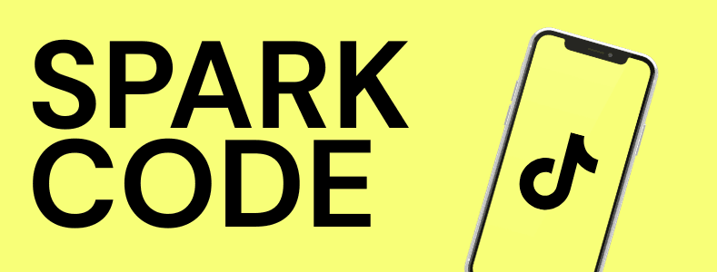 Texto «Spark Code» sobre fondo amarillo, junto a un móvil con el logo de TikTok.